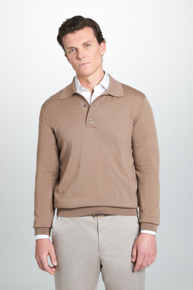 Camel Merino Wool Long Sleeve Polo Shirt