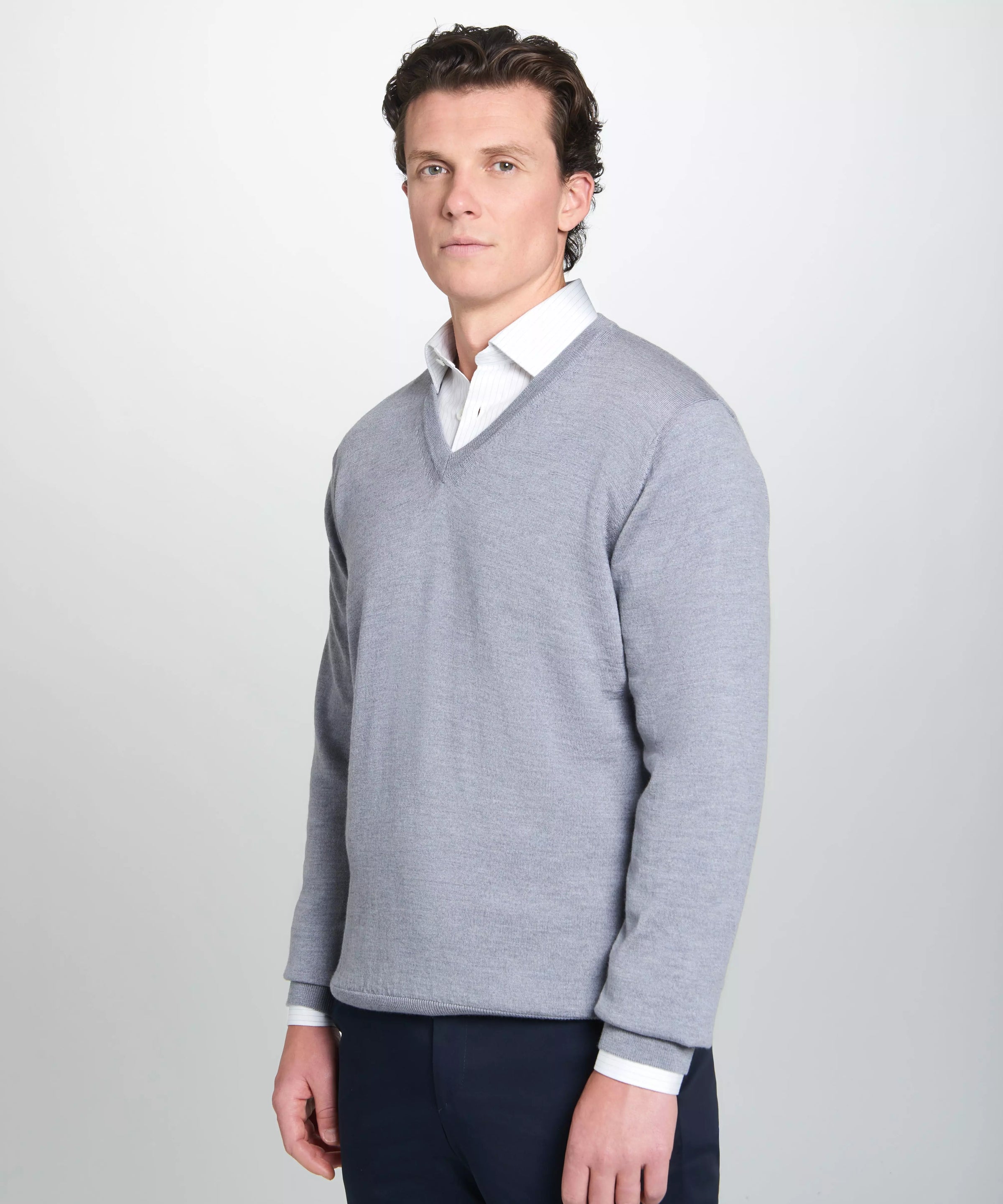 Pale Grey Merino Wool V-Neck Sweater