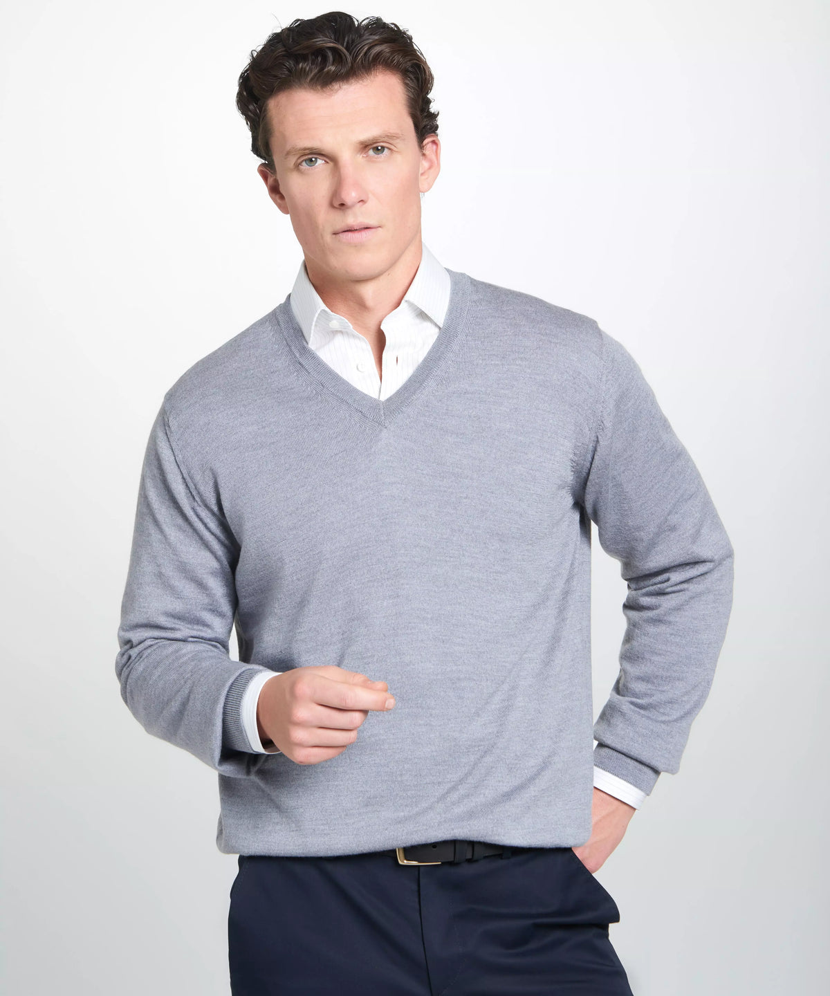 Pale Grey Merino Wool V-Neck Sweater