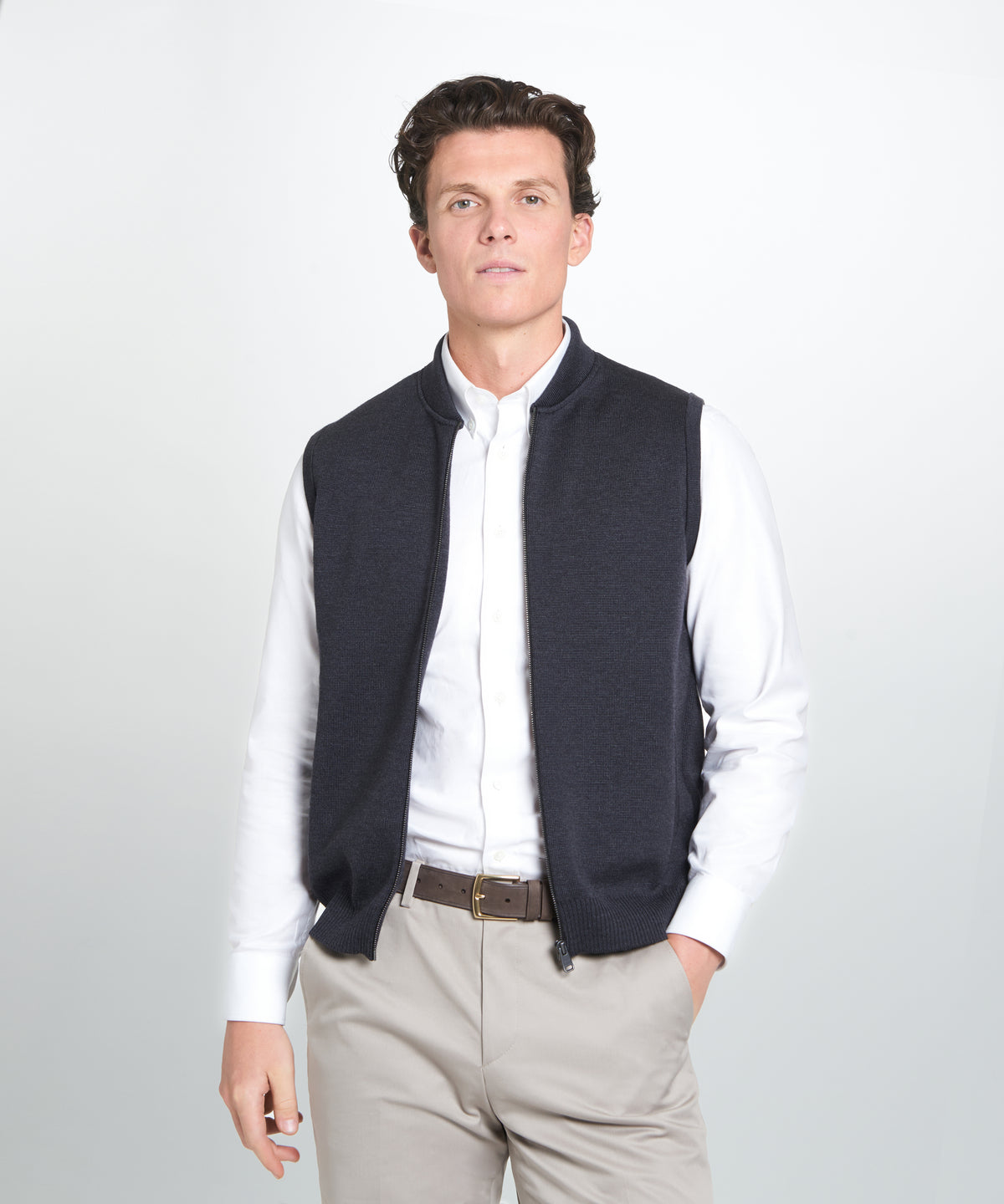 Grey Knitted Merino Wool Zipper Gilet