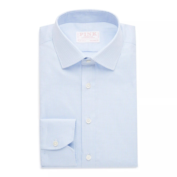 Pale Blue & White Tailored Fit Royal Twill Micro Gingham Formal Shirt