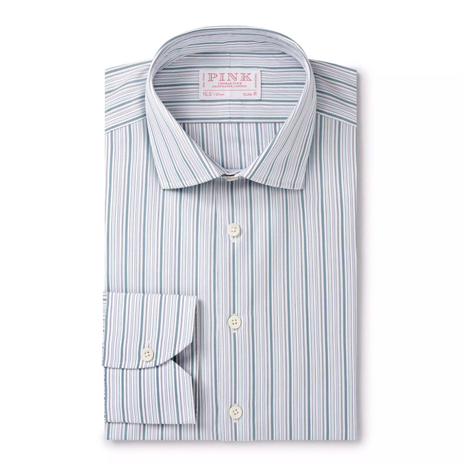 Teal Green & White Slim Fit Supraluxe Multi Stripe Formal Shirt