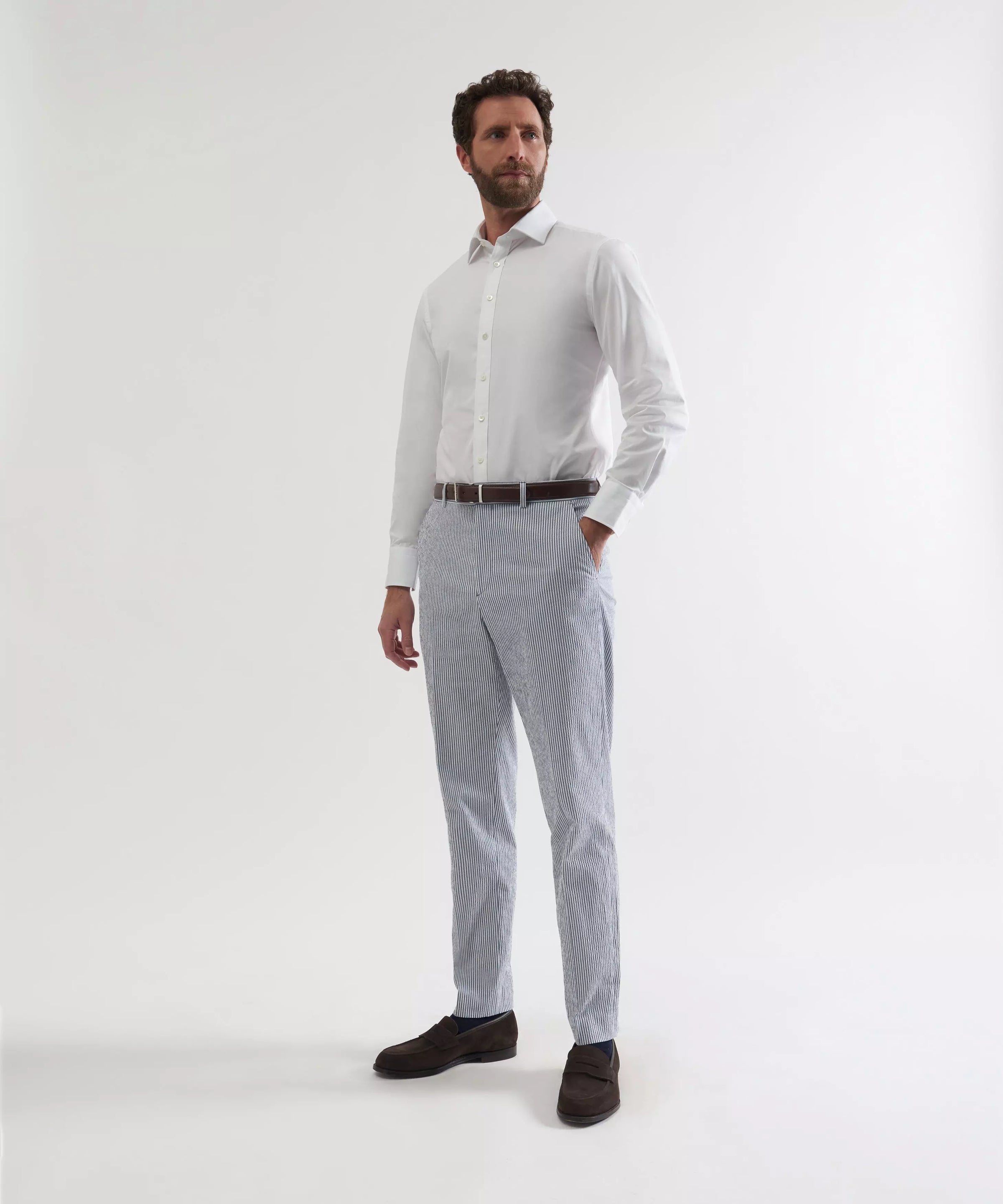 White & Navy Tailored Fit Stripe Seersucker Flat Front Trouser