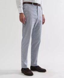 White & Navy Tailored Fit Stripe Seersucker Flat Front Trouser