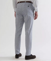 White & Navy Tailored Fit Stripe Seersucker Flat Front Trouser