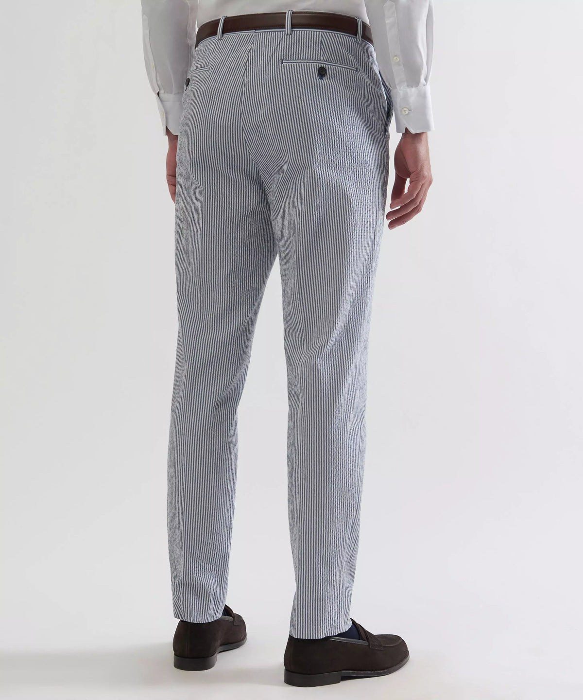 White & Navy Tailored Fit Stripe Seersucker Flat Front Trouser