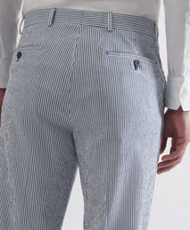 White & Navy Tailored Fit Stripe Seersucker Flat Front Trouser
